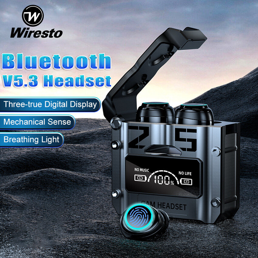 Wiresto Wireless Bluetooth Headset Mechanical Tri-Real Digital Display Bluetooth V5.3 Earphone E-Sports Headphone LED Display HiFi Stereo Sound Sports Gaming Bluetooth Headset 