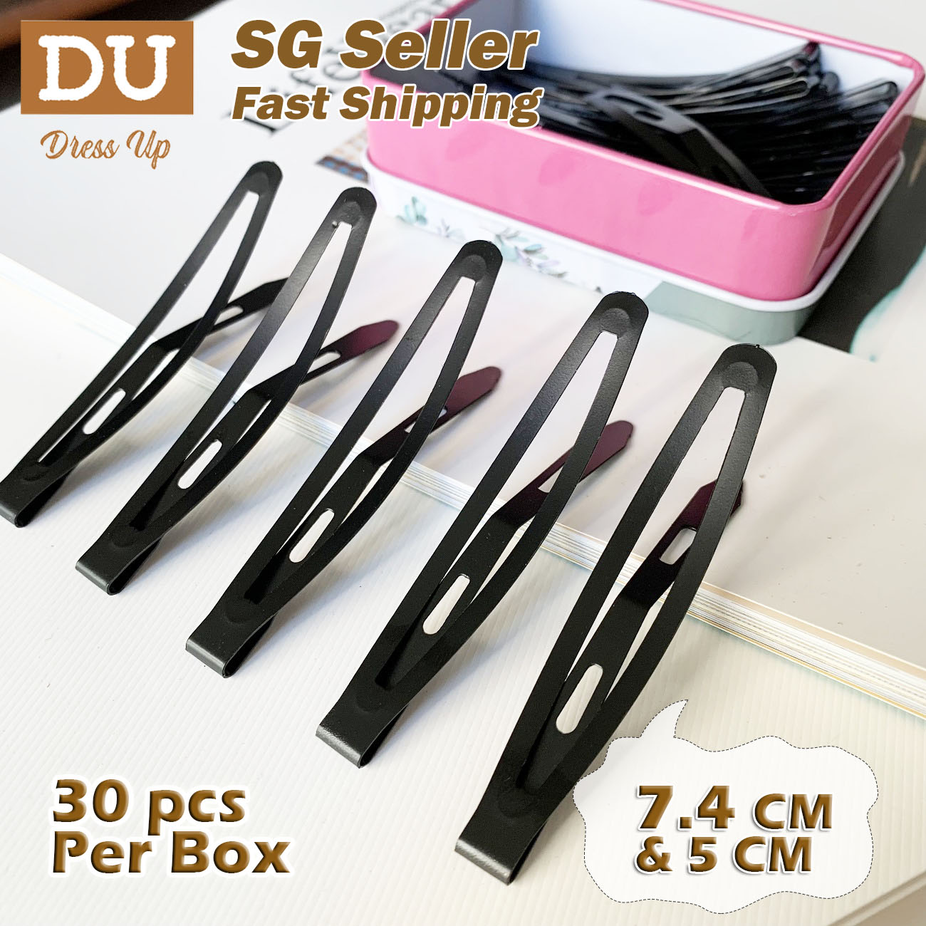 [SG | Regular & Extended Version] 30pc 7.4cm 5cm Matte Black Snapback Metal Hair Clips Pins Big Large Snap Hair Clips for Adult Women, Packed in Metal Box