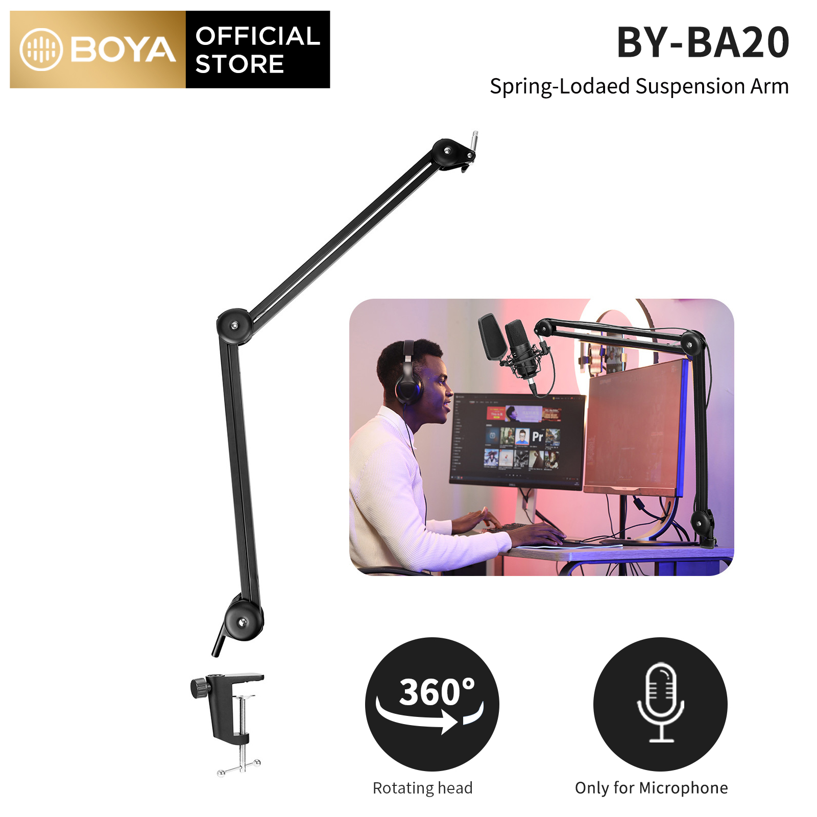 BOYA BY-BA20 Aluminum Alloy Desk Holder 3/8" to 5/8"adapter Microphone Boom Arm Microphone Stand Bracket for Video Recording Online Teaching Meeting Livestreaming Gaming YouTube Twitch, PC With Microp