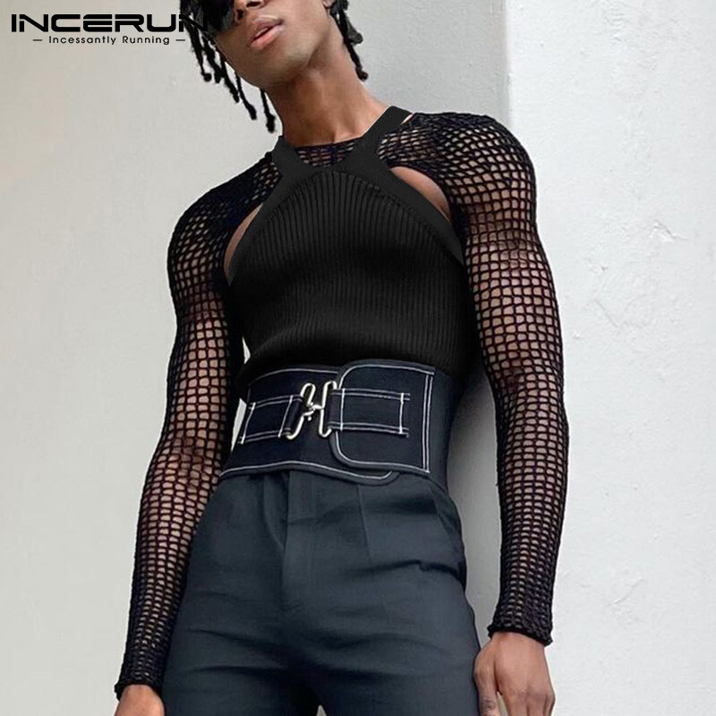 INCERUN Mens Hippy Punk Long Sleeve Fishnet Hollow Out Crop Tops Muscle Vests Fancy Dress (Western Style)