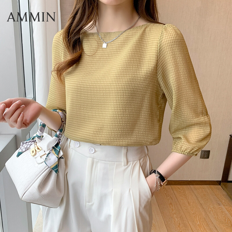 AMMIN 2021 New Summer Three-quarter Sleeve Fashion Loose Chiffon Top For Lady One-word Neck Loose Lantern Sleeves Plaid Chiffon Top Casual Blouse