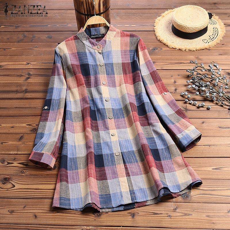 Muangee Women Buttons Down Long Sleeve Plaid Check Shirt Tops Stand Collar Blouse ZANZEA