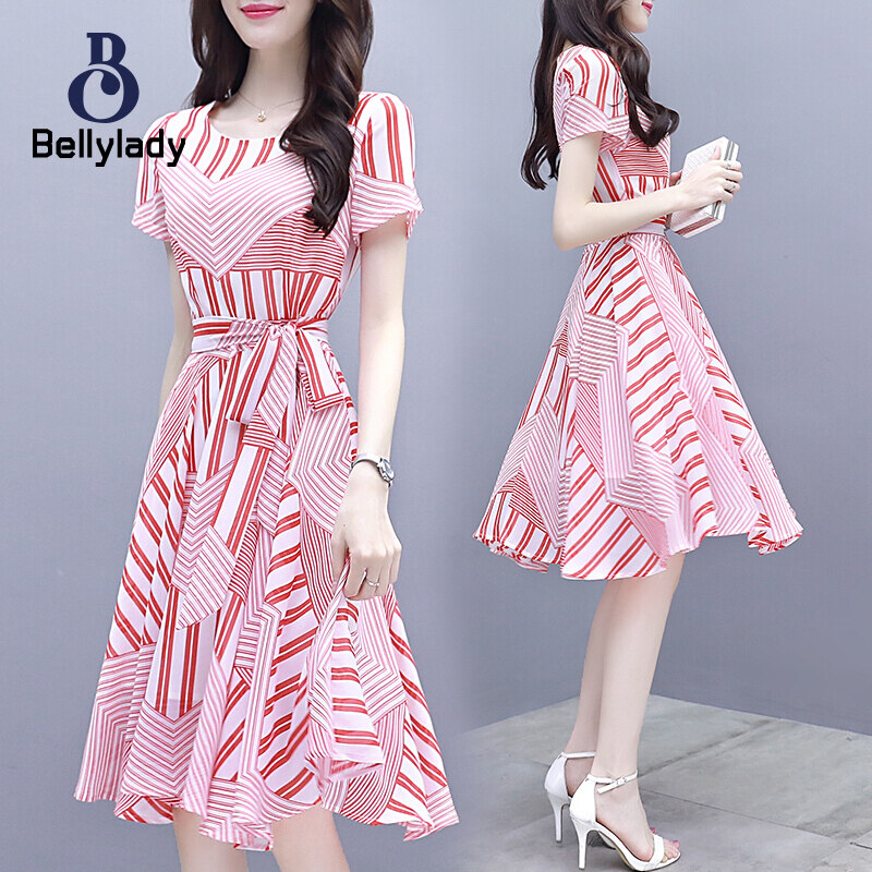 Women Pink Tight Waist Lacing Stripe Printing Short Sleeve Dress
