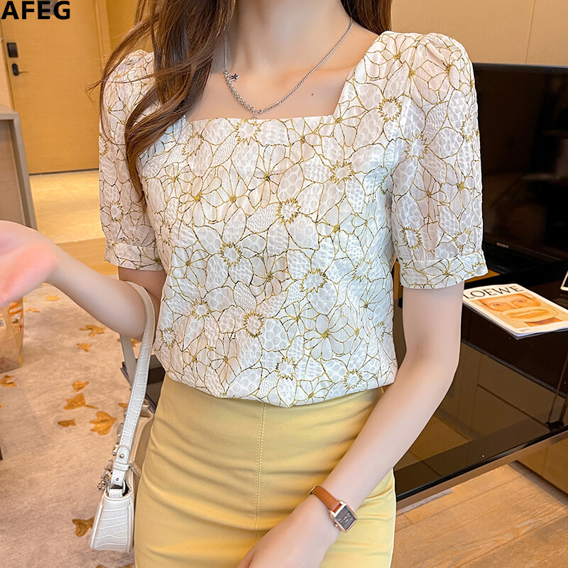 AFEG new Korean style square neck fashion loose and versatile printed short-sleeved blouse for women