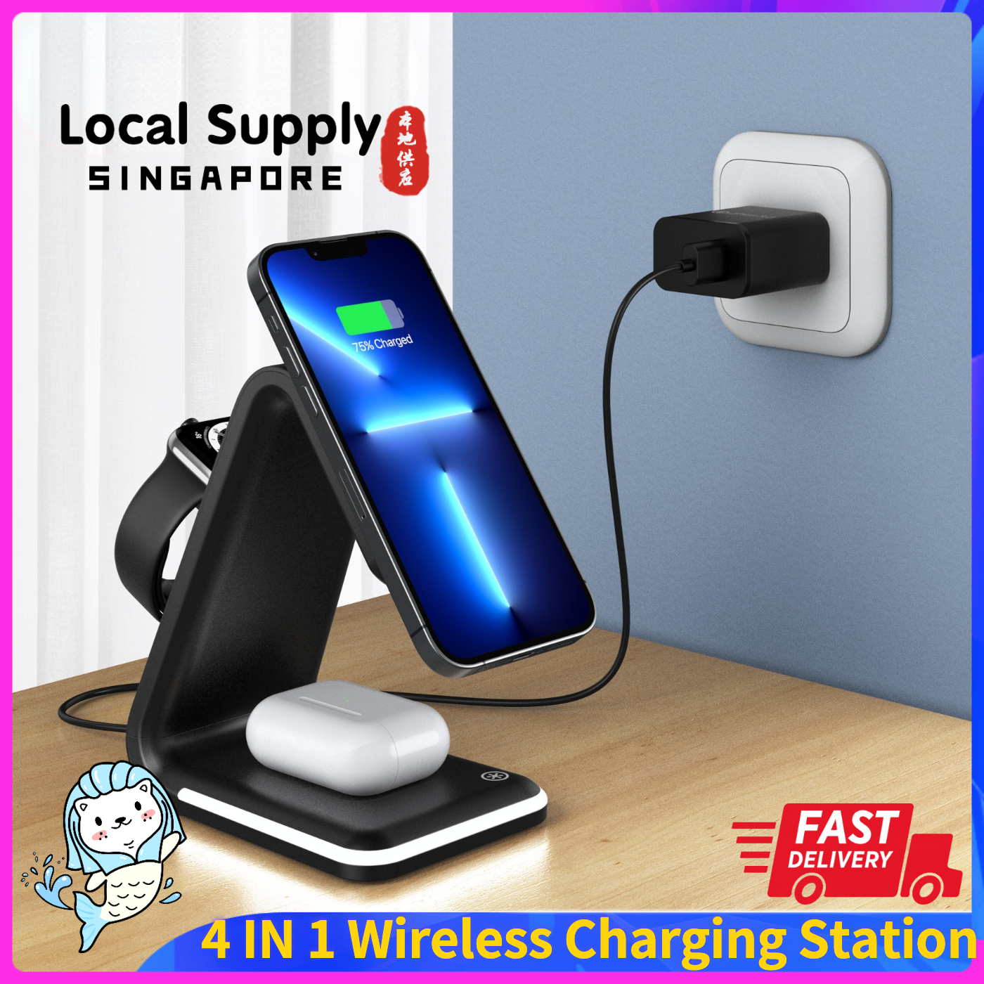 DESKTRON Wireless Charger, Magnetic 3 in 1 Wireless Charging Dock, Night Light Qi Fast Wireless Charging Station For iPhone Apple Watch Airpods. | SG STOCK