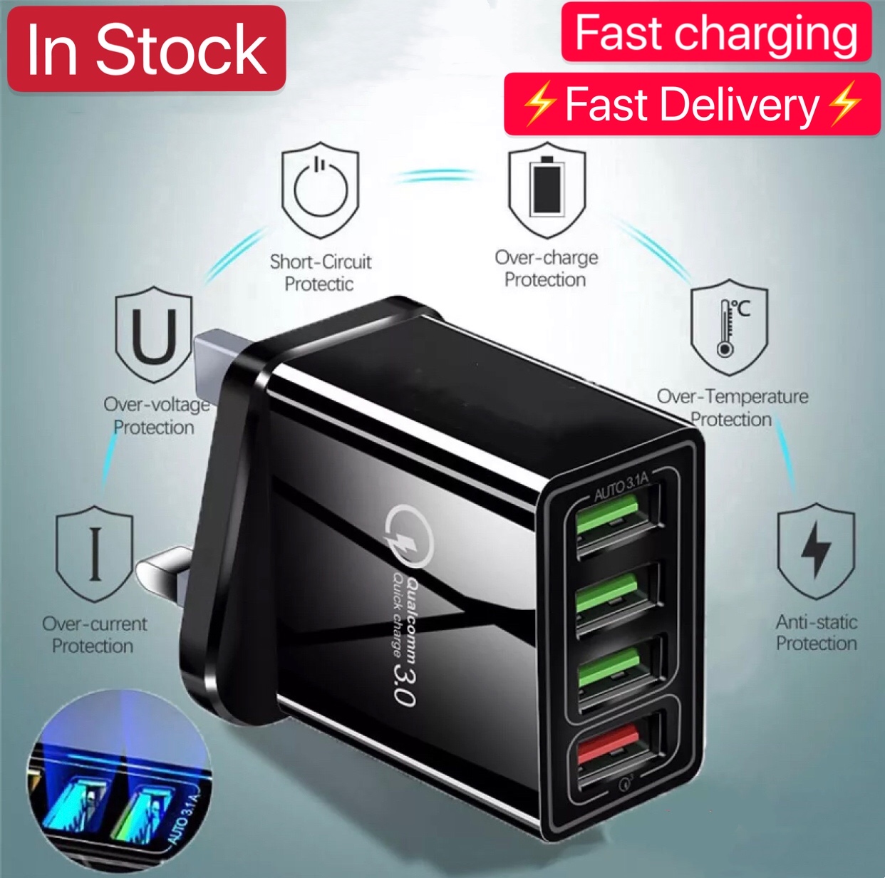 SG Stock | Quick 3.0 Wall 4 Port USB Fast Charging Portable Adapter UK EU Plug