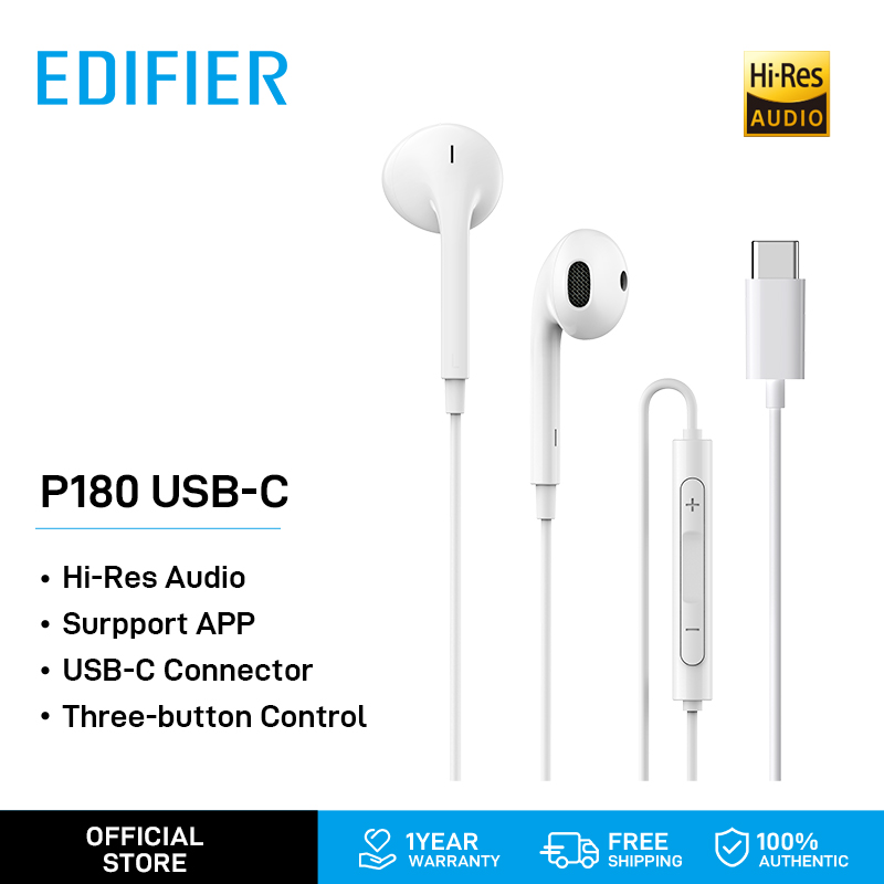 Edifier P180USB-C/PLUS  in-ear Earphone Hi-Res Audio Noise Canceling Build-in Mic Bass with Mic and In-line Control EQ option