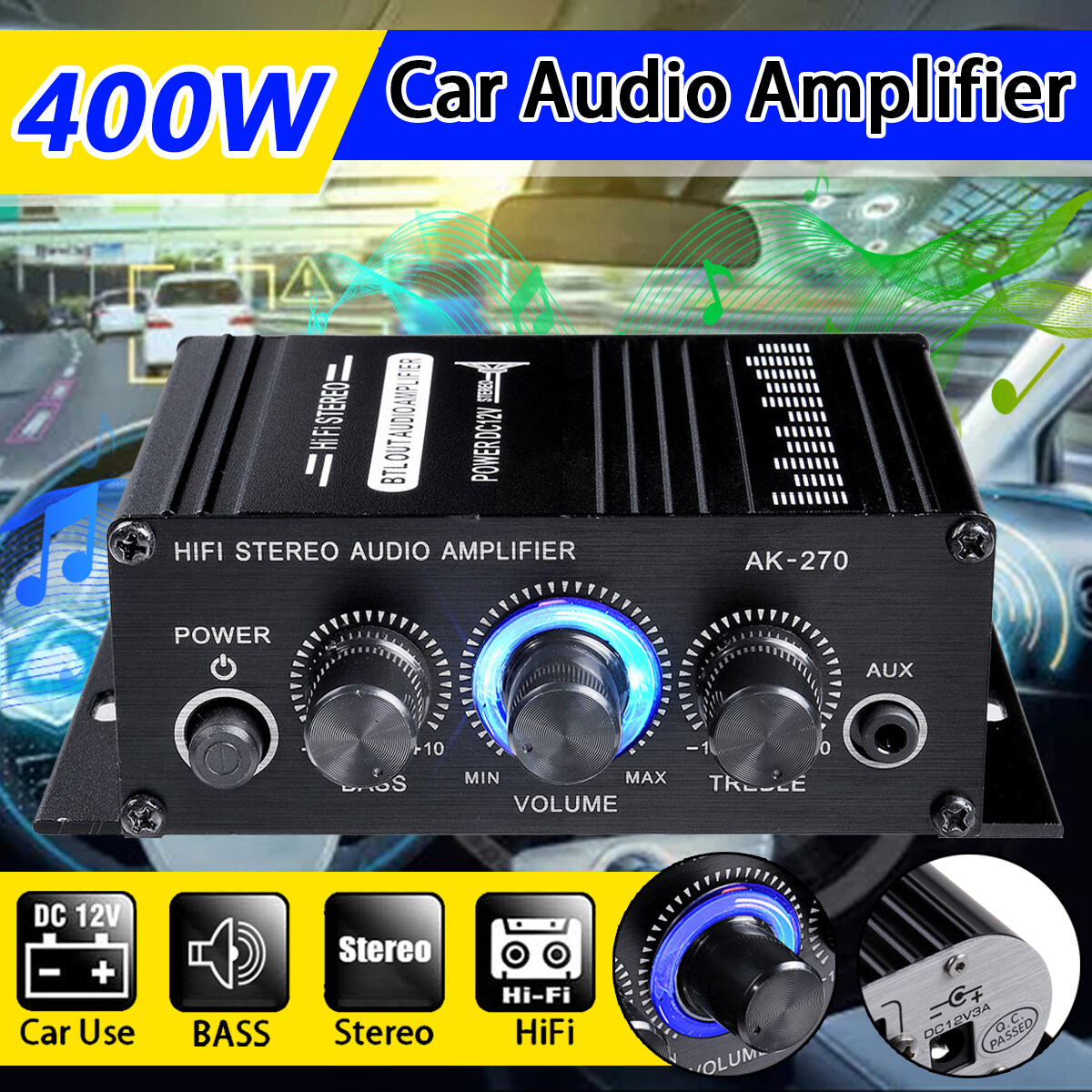 400W 2 Channel Mini Car Hifi Power Amplifier DC12V Audio Amp Subwoofer Speaker Stereo Music Receiver FM Radio Home Car