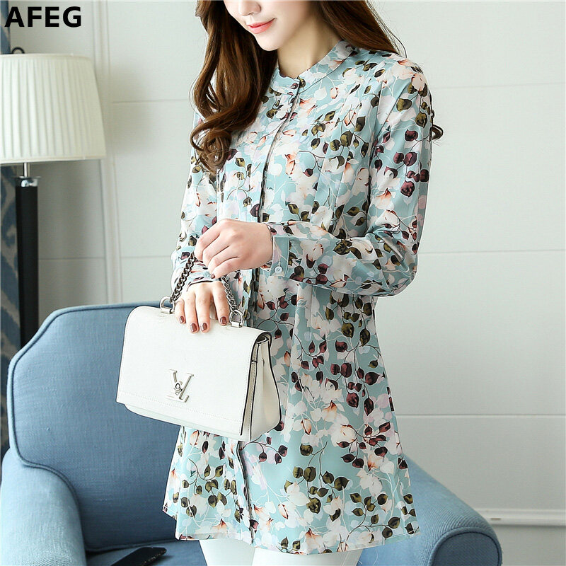 AFEG new Korean Women long-sleeved printed chiffon casual fashion wild temperament long section of elegant blouse