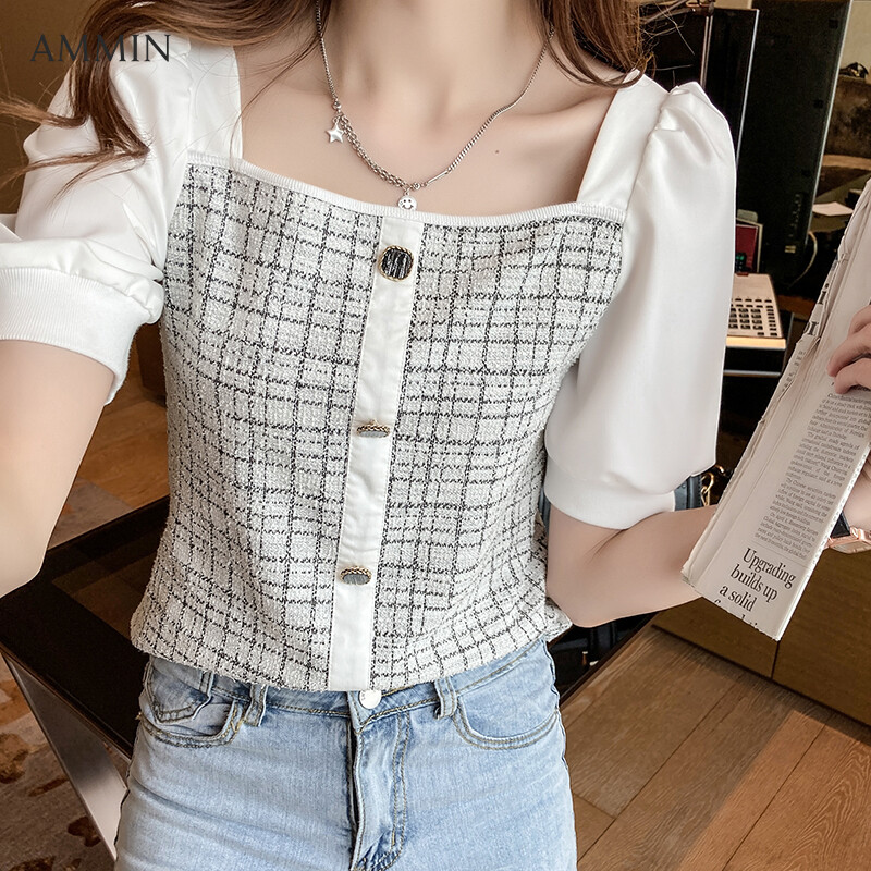 AMMIN Tops 2022 summer new style French plaid stitching button embellished blouse women's short-sleeved small fragrant wind square collar exposed clavicle puff sleeve short style chiffon shirt